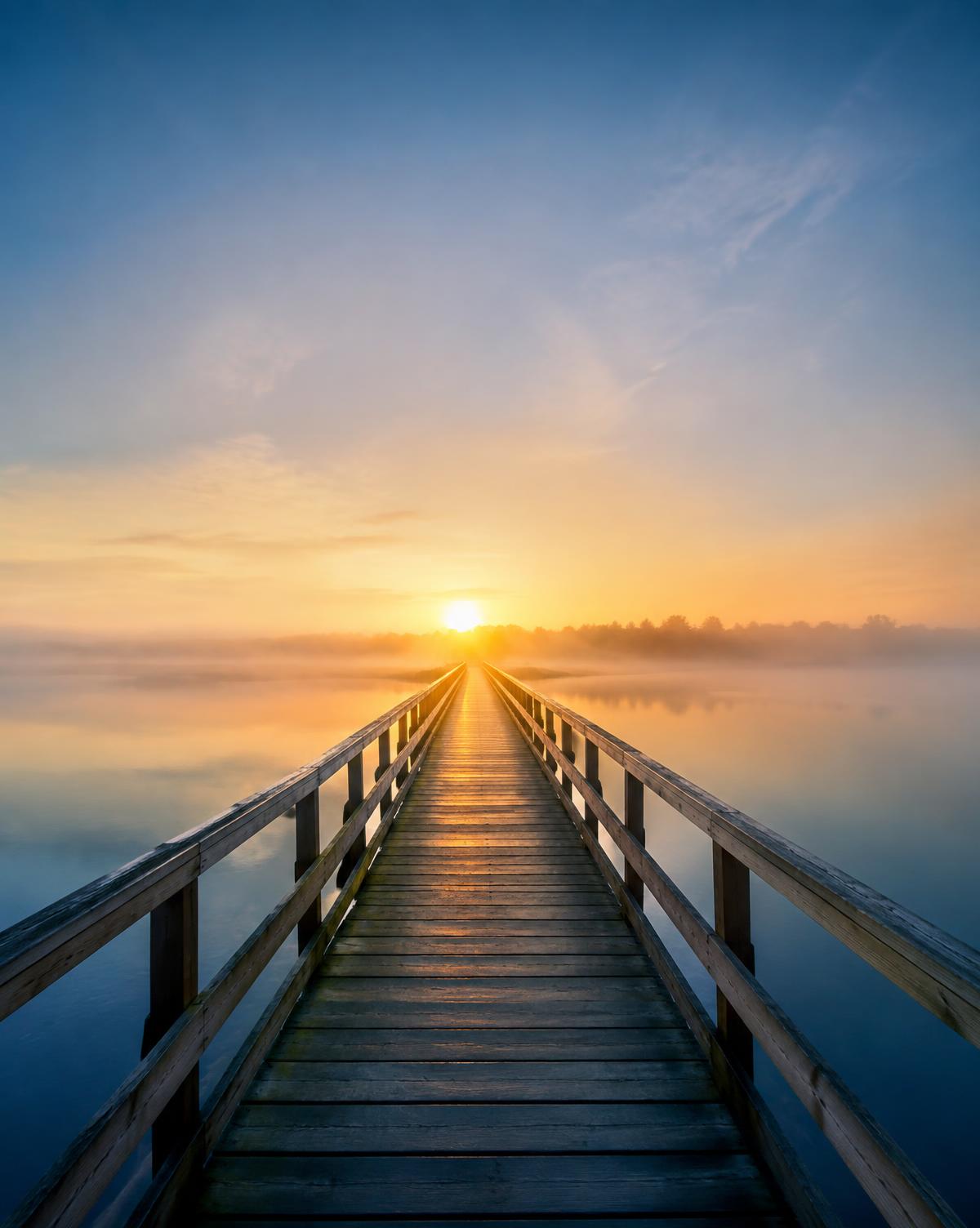 A wooden footbridge stretching toward a misty sunrise