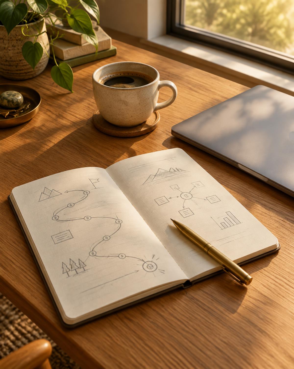 Notebook with sketched ideas in morning light